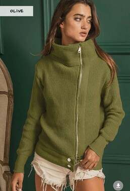 BiBi Olive Green Asymmetrical Zip Ribbed Knit Cardigan Jacket Size L